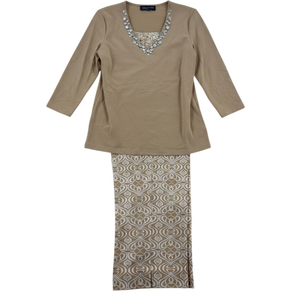 Jones New‎ York Signature Pant Set Womens 12 2pc Tan Embellished Top Pants